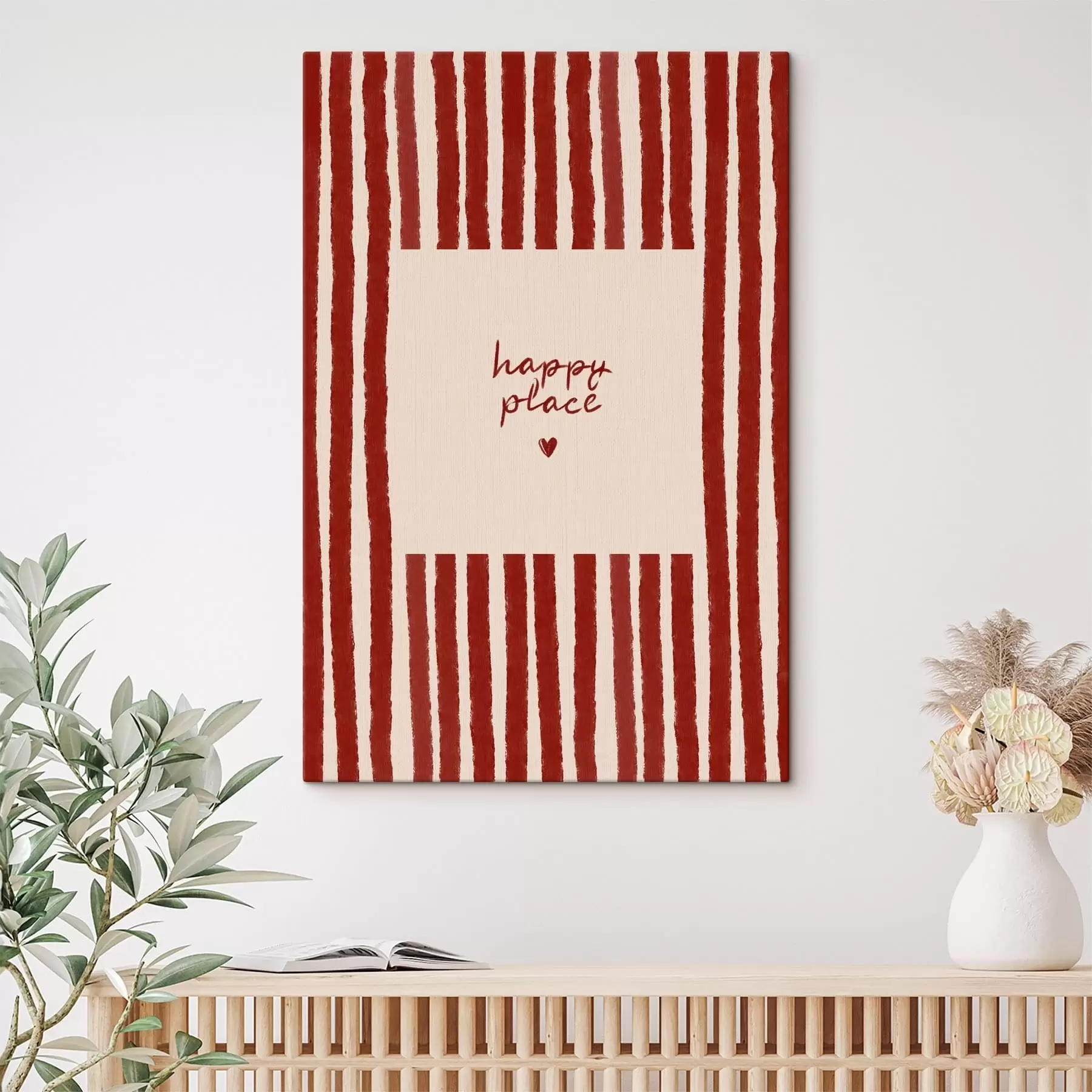 Fotobehang Rode strepen met tekst 'happy place' s48025