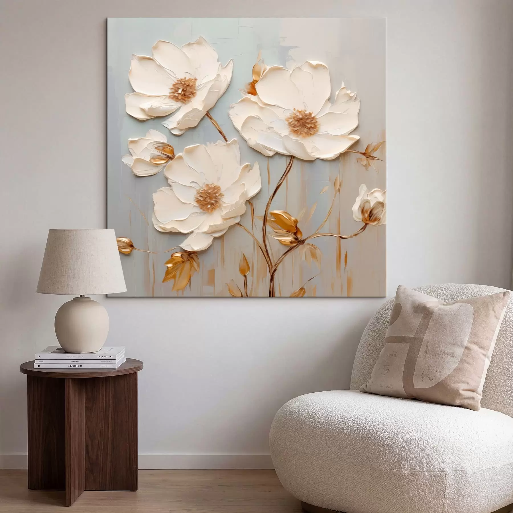  Schilderijen Relief witte bloemen met warme bladeren s48093