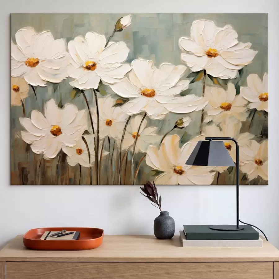  Schilderijen Witte bloemen op gestructureerde achtergrond, penseelstreken s48094