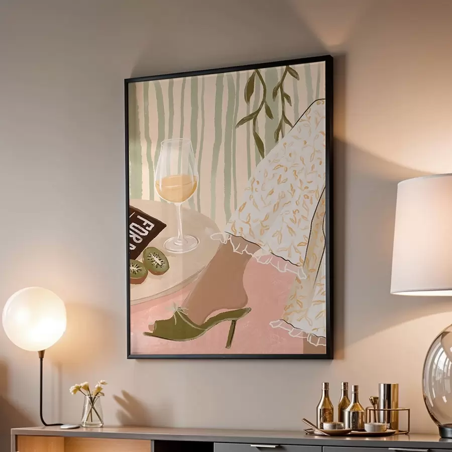 Fotobehang Tafel met wijnglas en kiwi bij jurk f48021