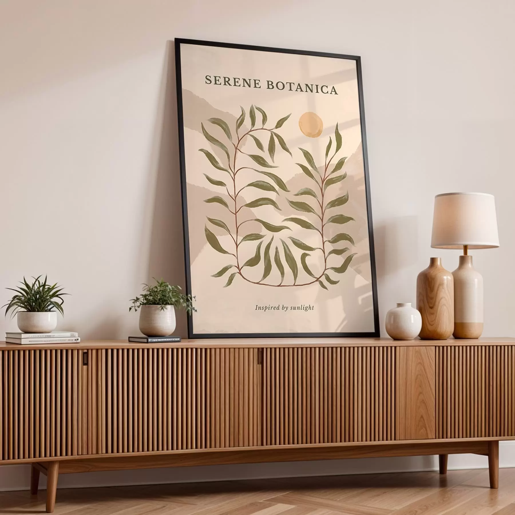 Fotobehang Botanische poster met tekst 'Serene Botanica' f48022