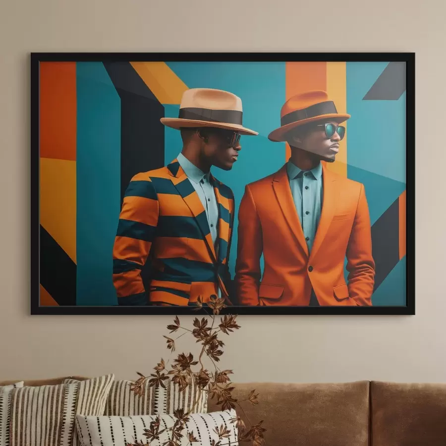 Fotobehang Twee mannen in opvallende pakken en hoeden f48091