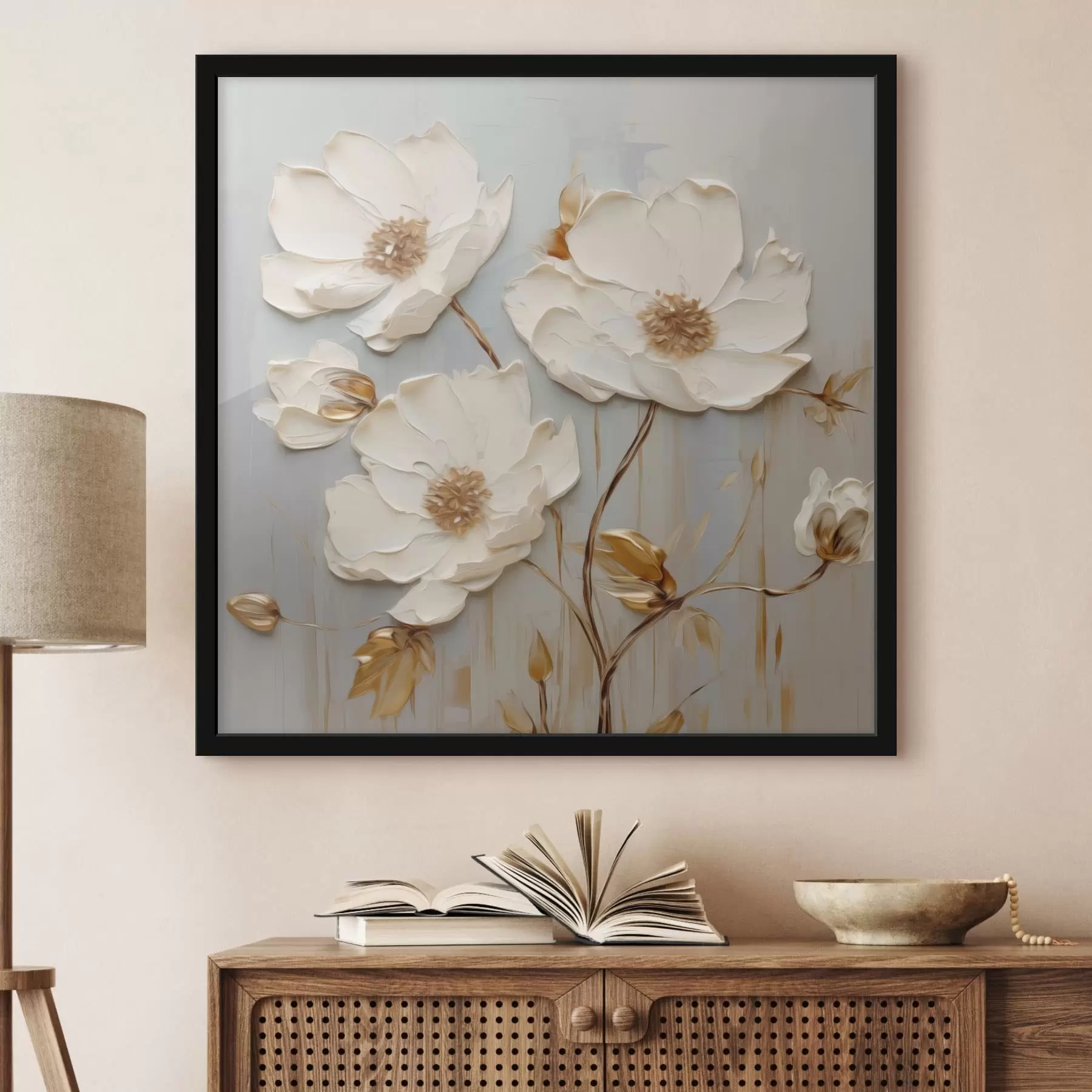 Fotobehang Relief witte bloemen met warme bladeren f48093