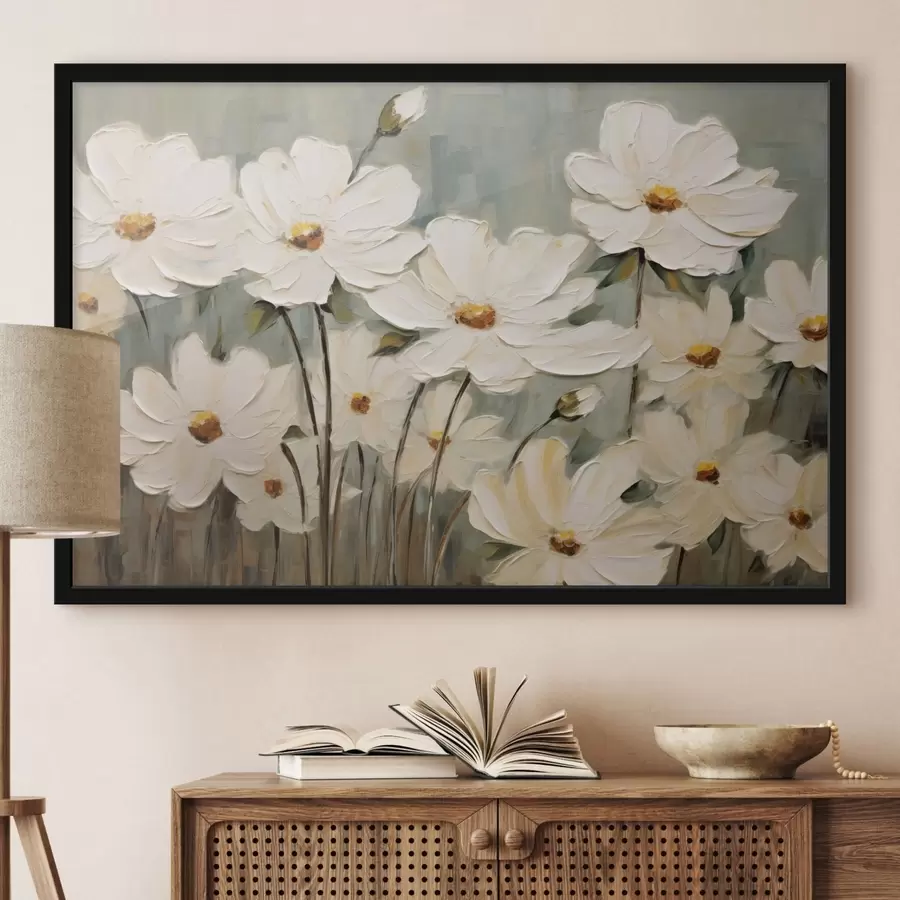 Fotobehang Witte bloemen op gestructureerde achtergrond, penseelstreken f48094