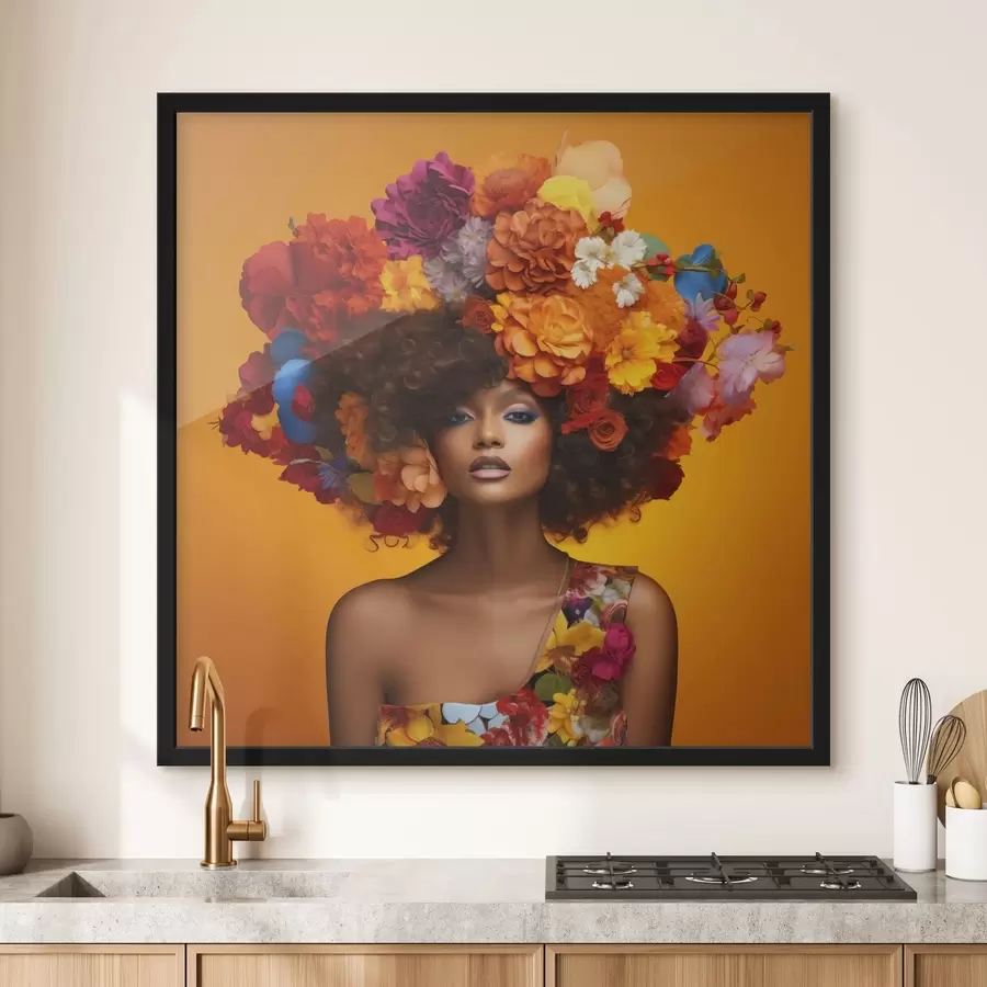 Fotobehang Vrouw met bloemenhoofddeksel op oranje achtergrond f48102