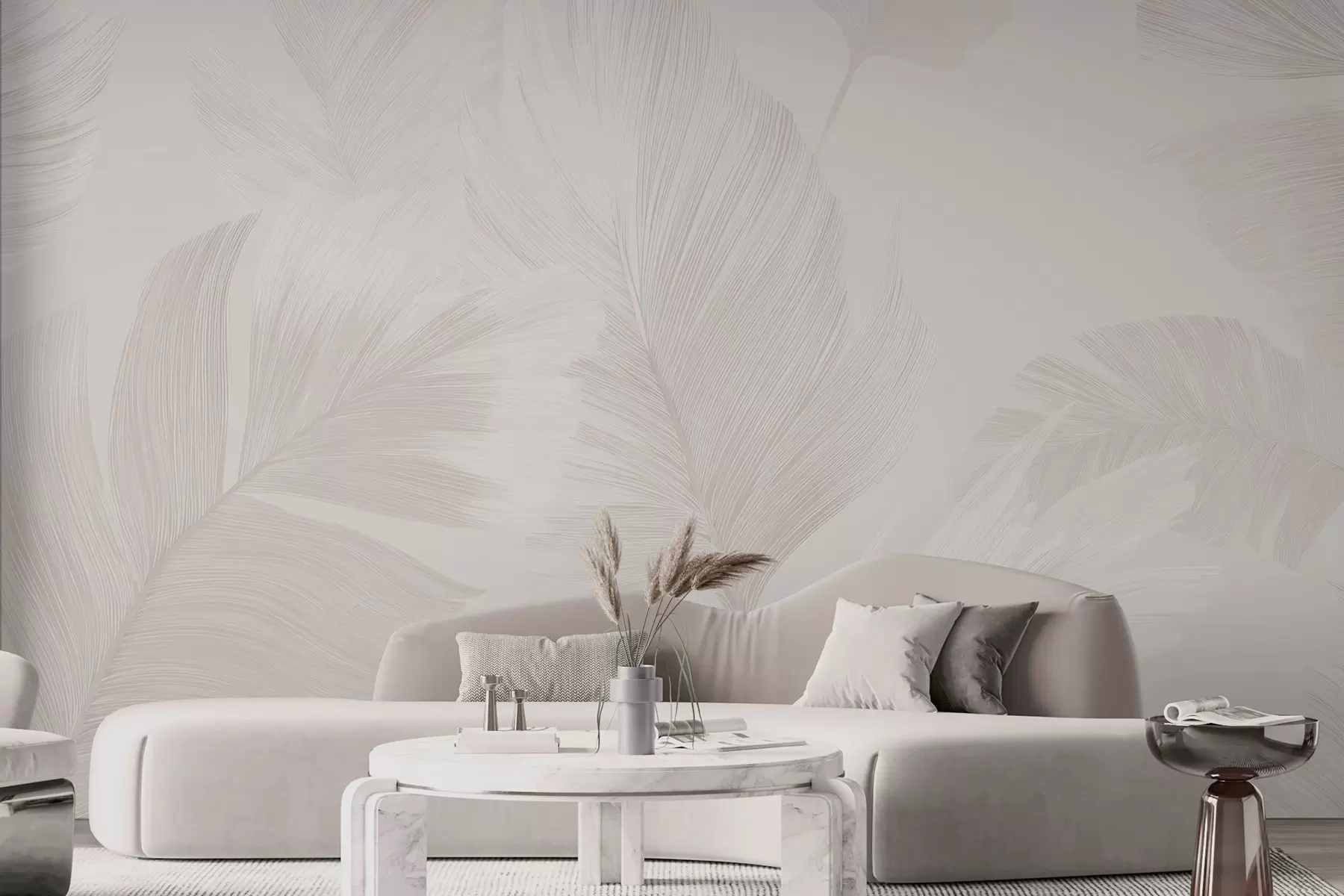 Fotobehang Zachte ivoorkleurige veren in melkachtige beige tinten w09563