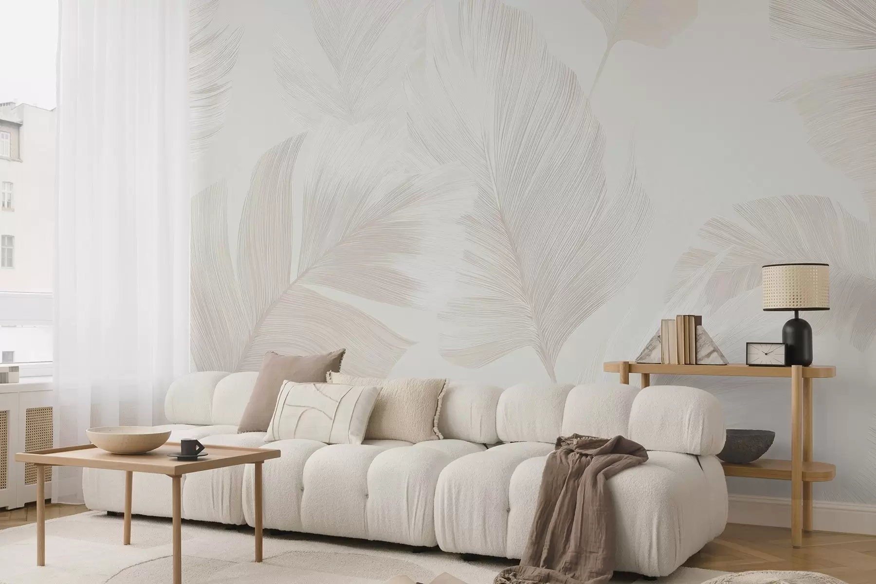 Fotobehang Zachte ivoorkleurige veren in melkachtige beige tinten w09563