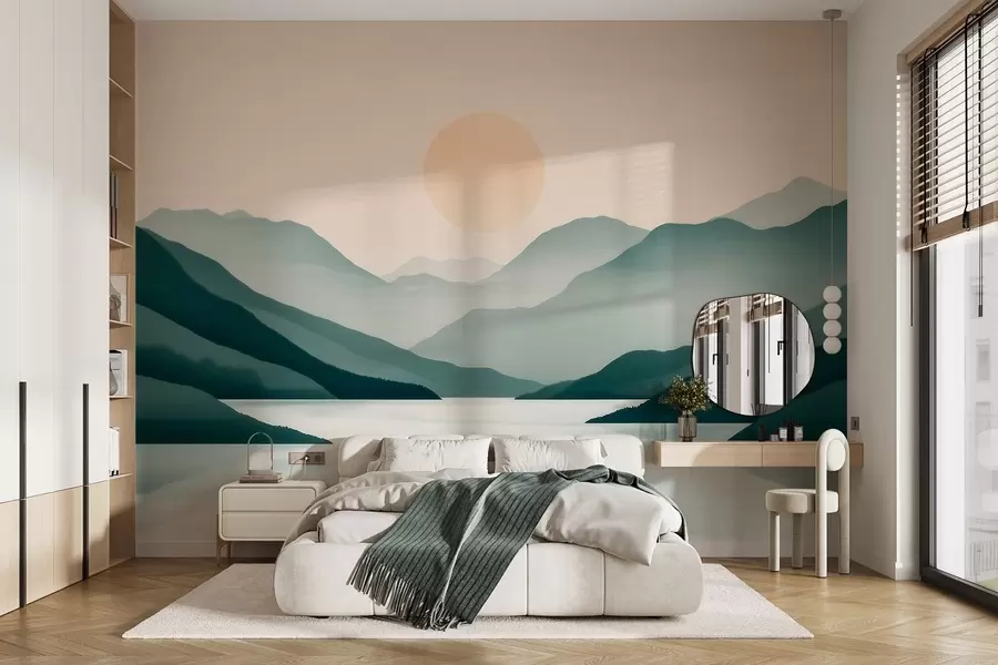 Fotobehang Rustig berglandschap met de zon boven het meer w09735