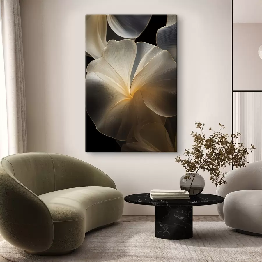  Schilderijen Abstracte, vloeiende, doorschijnende bloemblaadjes met delicate lijnen, tegen een donkere achtergrond s47860