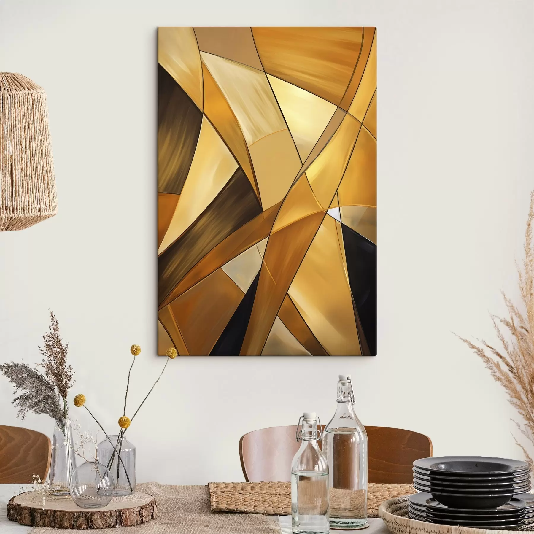  Schilderijen Abstracte geometrische vormen in tinten oranje, bruin en wit met dunne contouren op een gestructureerde achtergrond s47864