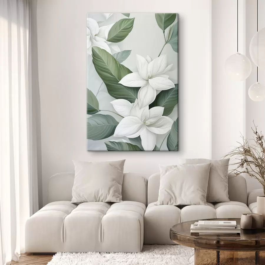  Schilderijen Witte bloemen met groene bladeren, pastelkleurige achtergrond s47869