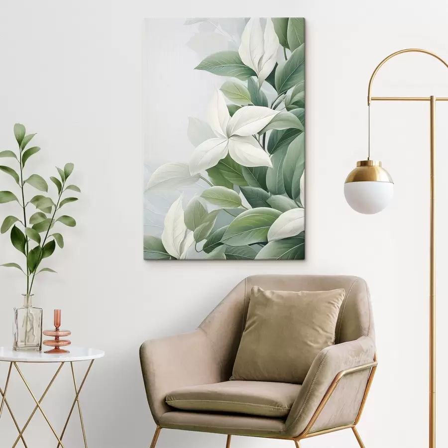  Schilderijen Witte bloemen met groene bladeren, pastelkleurige achtergrond s47870