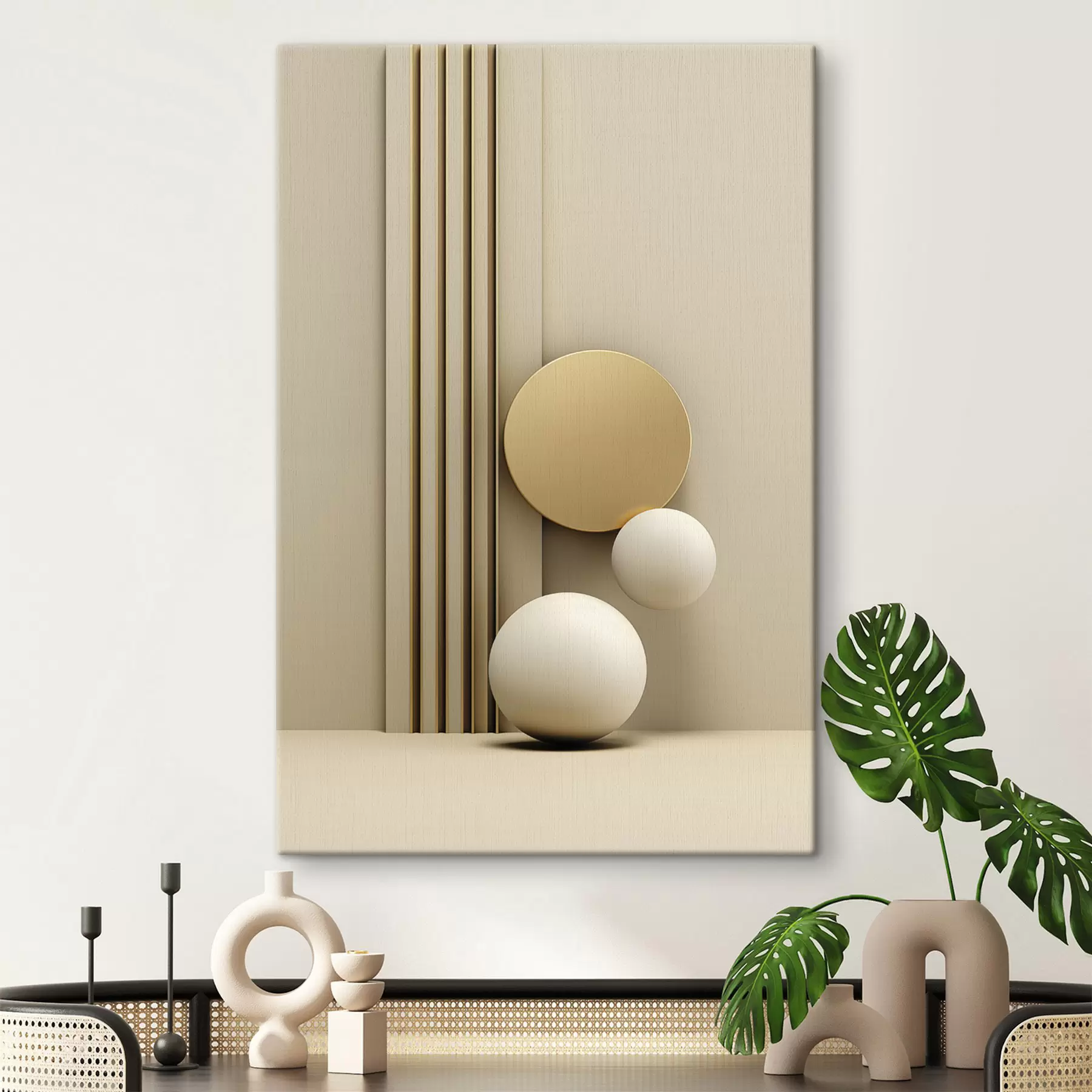 Fotobehang Abstracte beige moderne kunst met verticale lijnen en bollen s47871