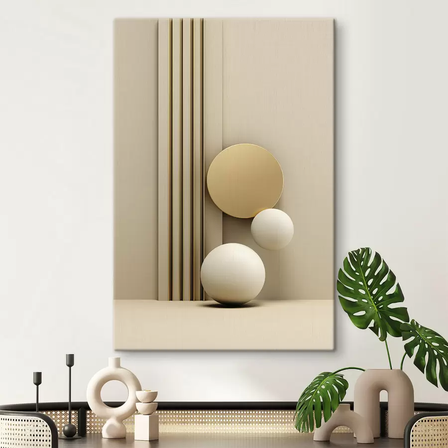  Schilderijen Abstracte beige moderne kunst met verticale lijnen en bollen s47871