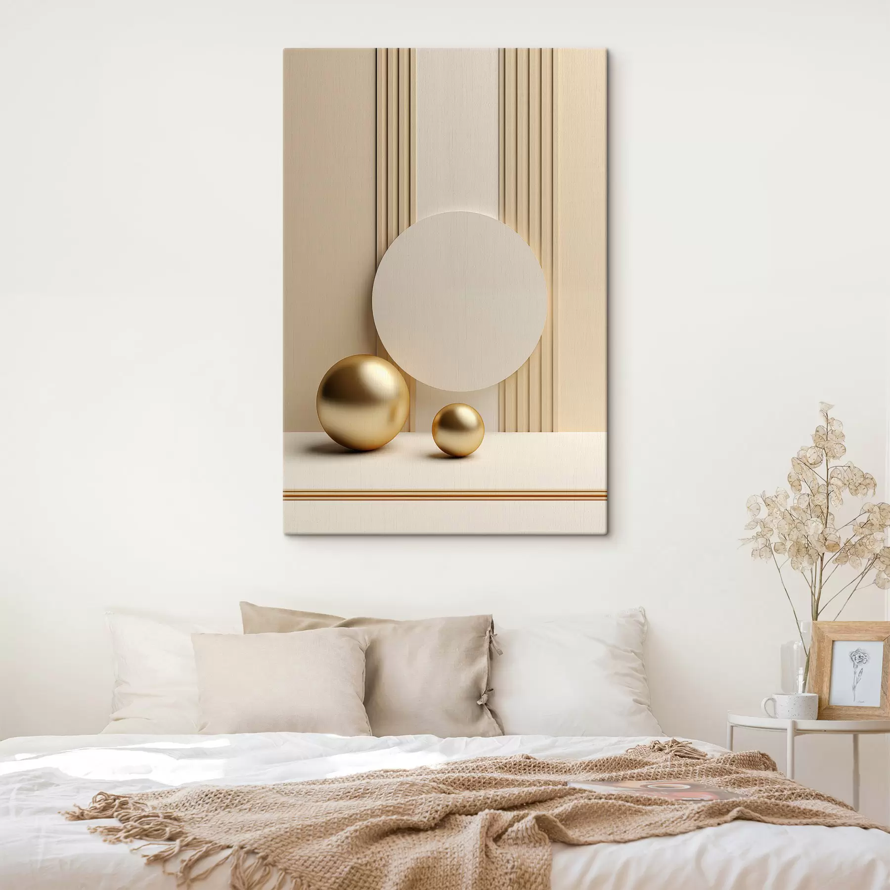  Schilderijen Abstracte beige moderne kunst met verticale lijnen en bollen s47872