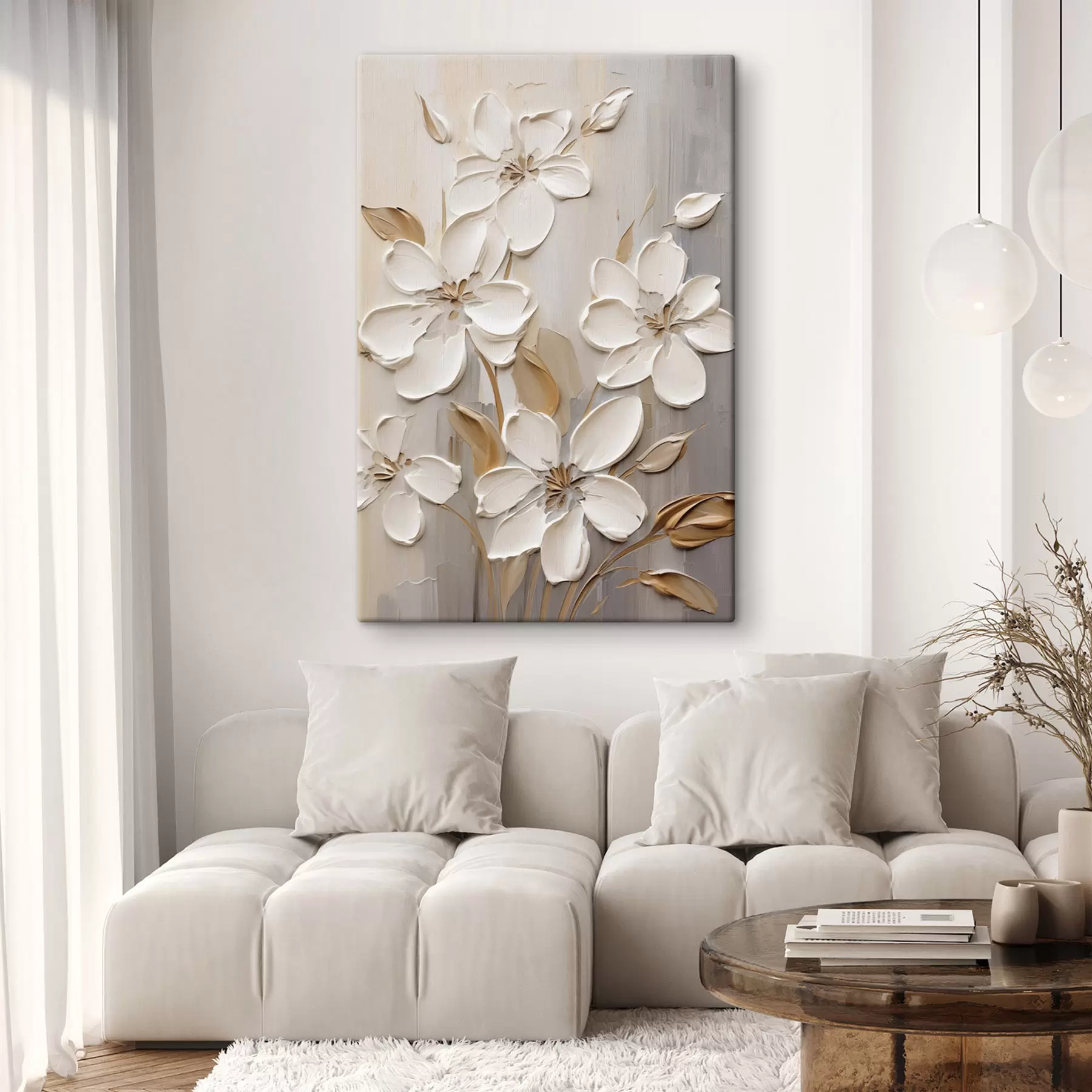  Schilderijen Abstracte witte bloemen met gestructureerde bloemblaadjes, tegen een neutrale achtergrond met subtiele penseelstreken. imitatie s47874