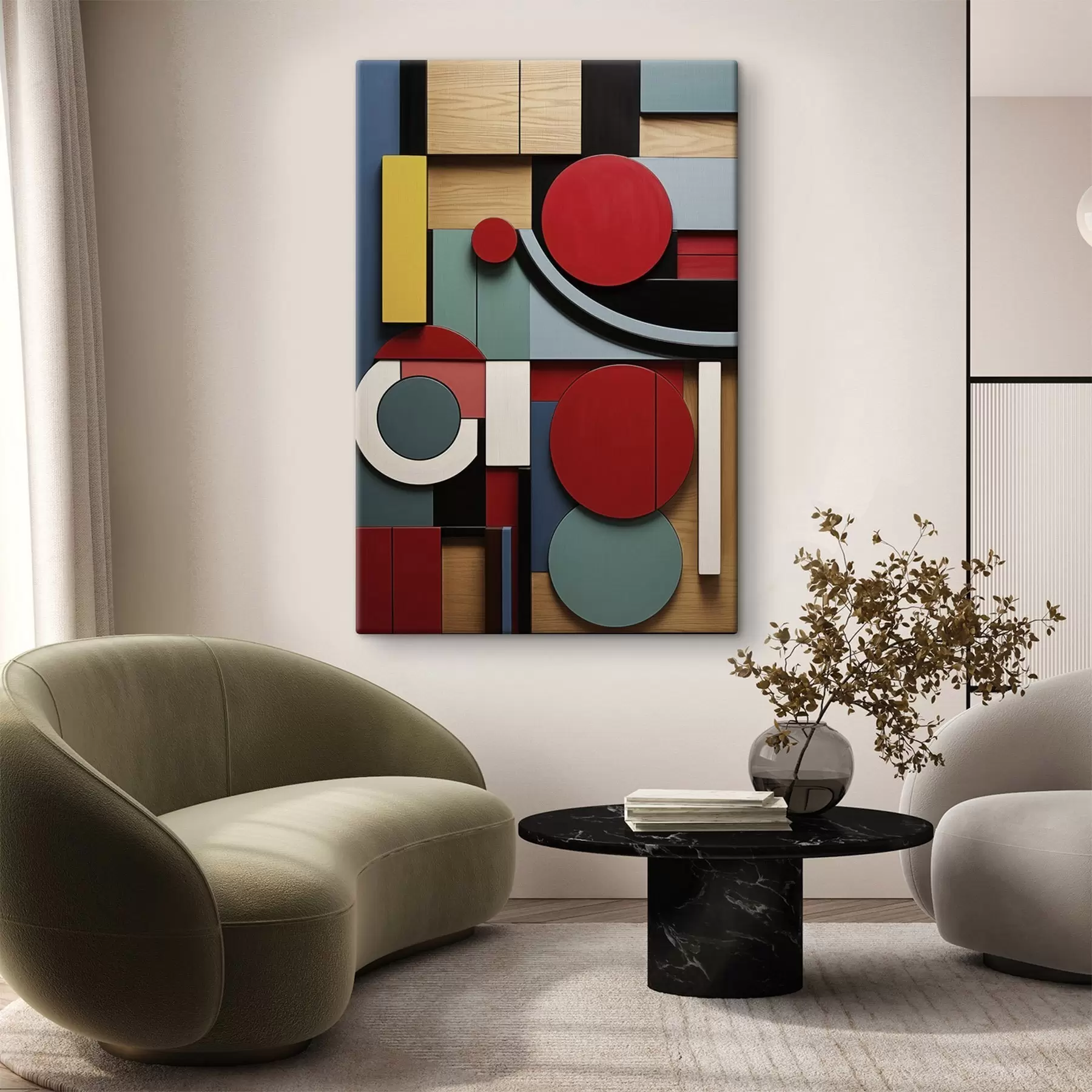  Schilderijen Abstracte geometrische compositie met imitatie van houtstructuur, rode, zwarte, witte en blauwgroene rechthoeken en cirkels s47876