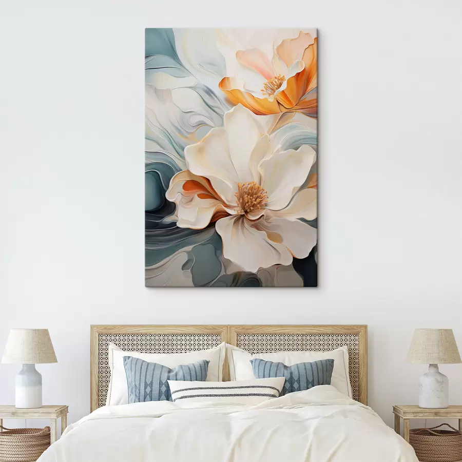  Schilderijen Abstracte grote bloem met witte, oranje en blauwgroene bloemblaadjes, gestructureerde achtergrond s47878