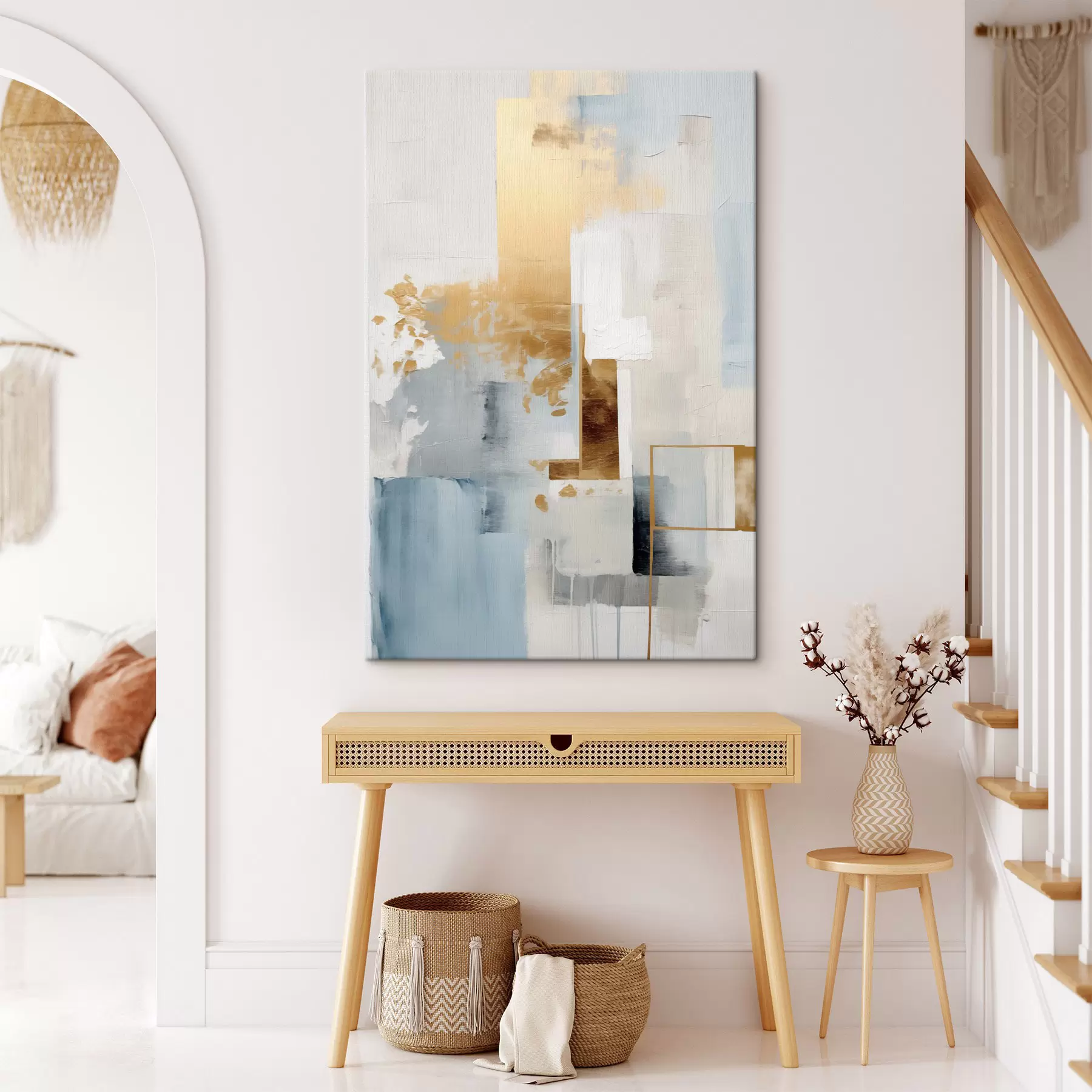  Schilderijen Abstracte geometrische vormen in geel, blauw en wit, met textuur en een minimalistische compositie. s47881