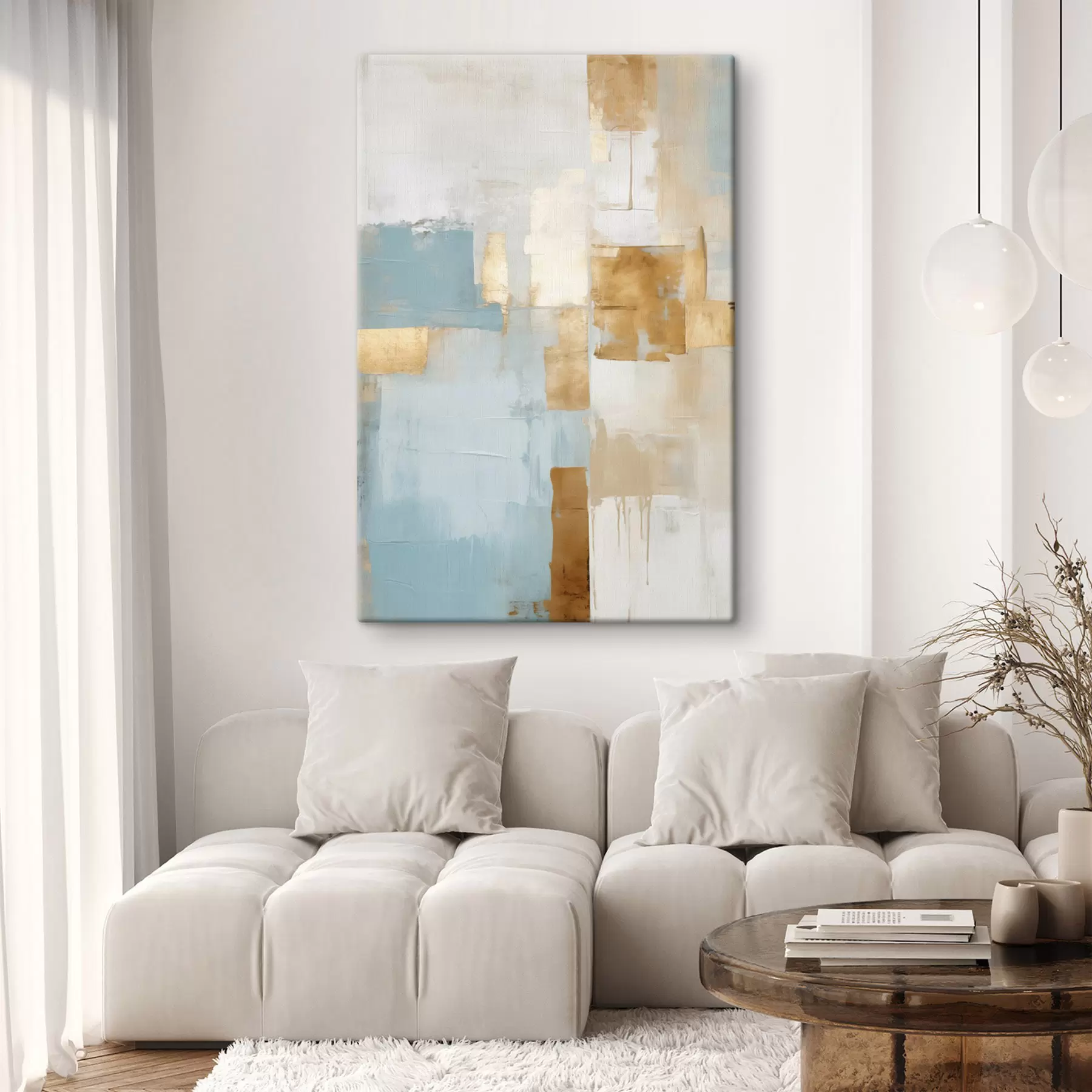  Schilderijen Abstracte geometrische vormen in geel, blauw en wit, met textuur en een minimalistische compositie. s47882