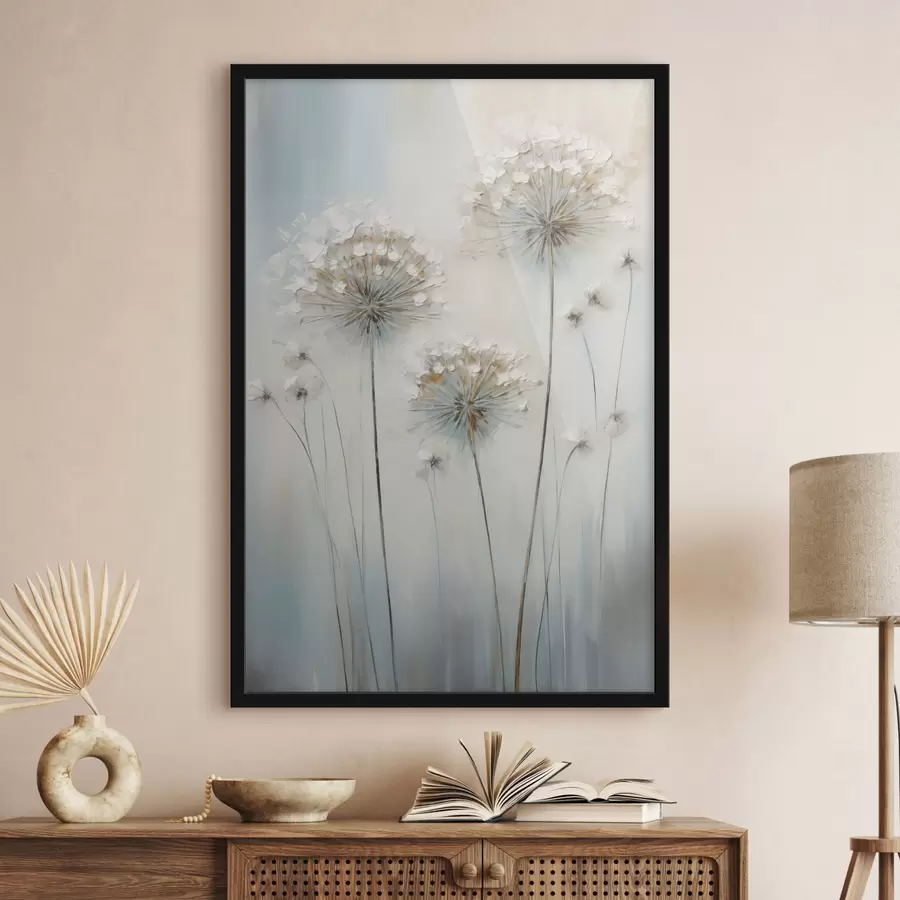 Fotobehang Textuurrijke schilderstijl van paardenbloemen tegen een zachte blauw-witte achtergrond f47855