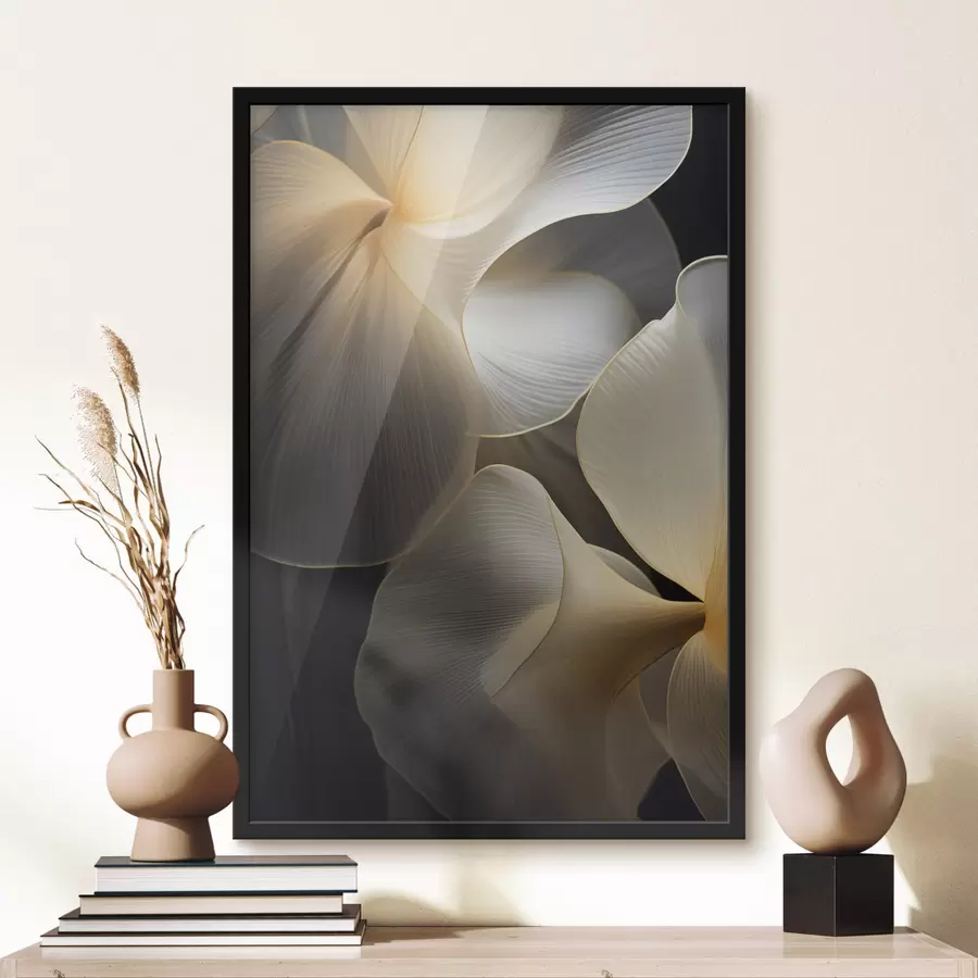 Fotobehang Abstracte, vloeiende, doorschijnende bloemblaadjes met delicate lijnen, tegen een donkere achtergrond f47859