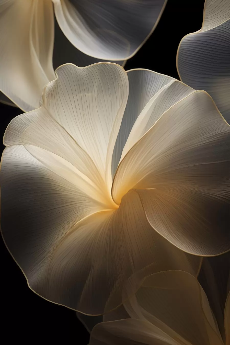 Fotobehang Abstracte, vloeiende, doorschijnende bloemblaadjes met delicate lijnen, tegen een donkere achtergrond f47860