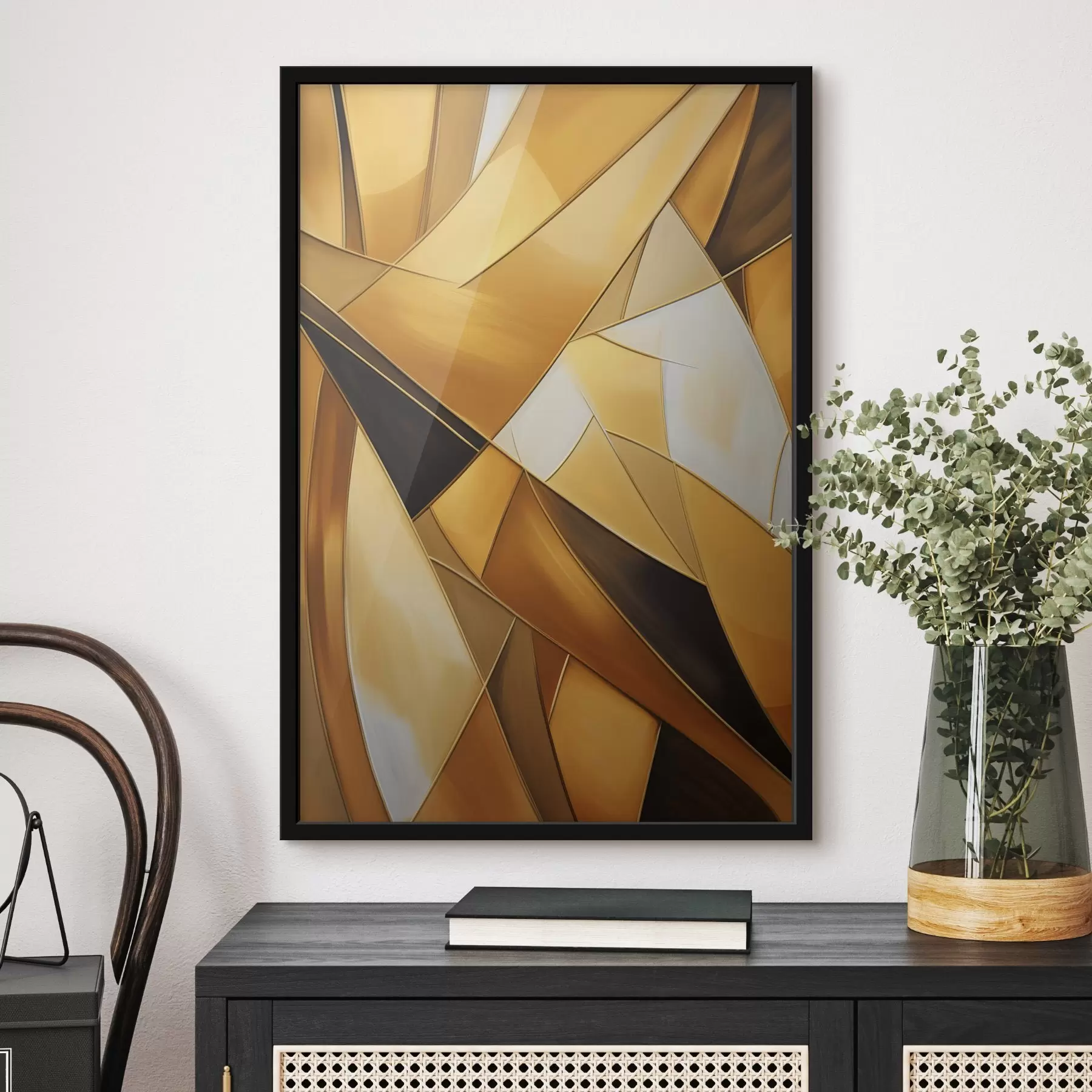  Schilderijen Abstracte geometrische vormen in tinten oranje, bruin en wit met dunne contouren op een gestructureerde achtergrond f47863