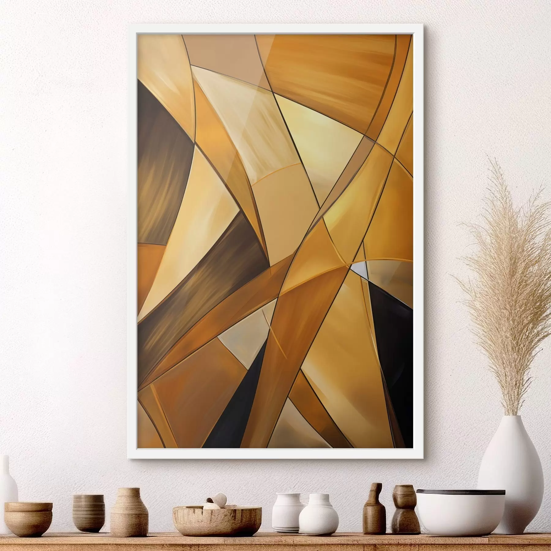 Fotobehang Abstracte geometrische vormen in tinten oranje, bruin en wit met dunne contouren op een gestructureerde achtergrond f47864