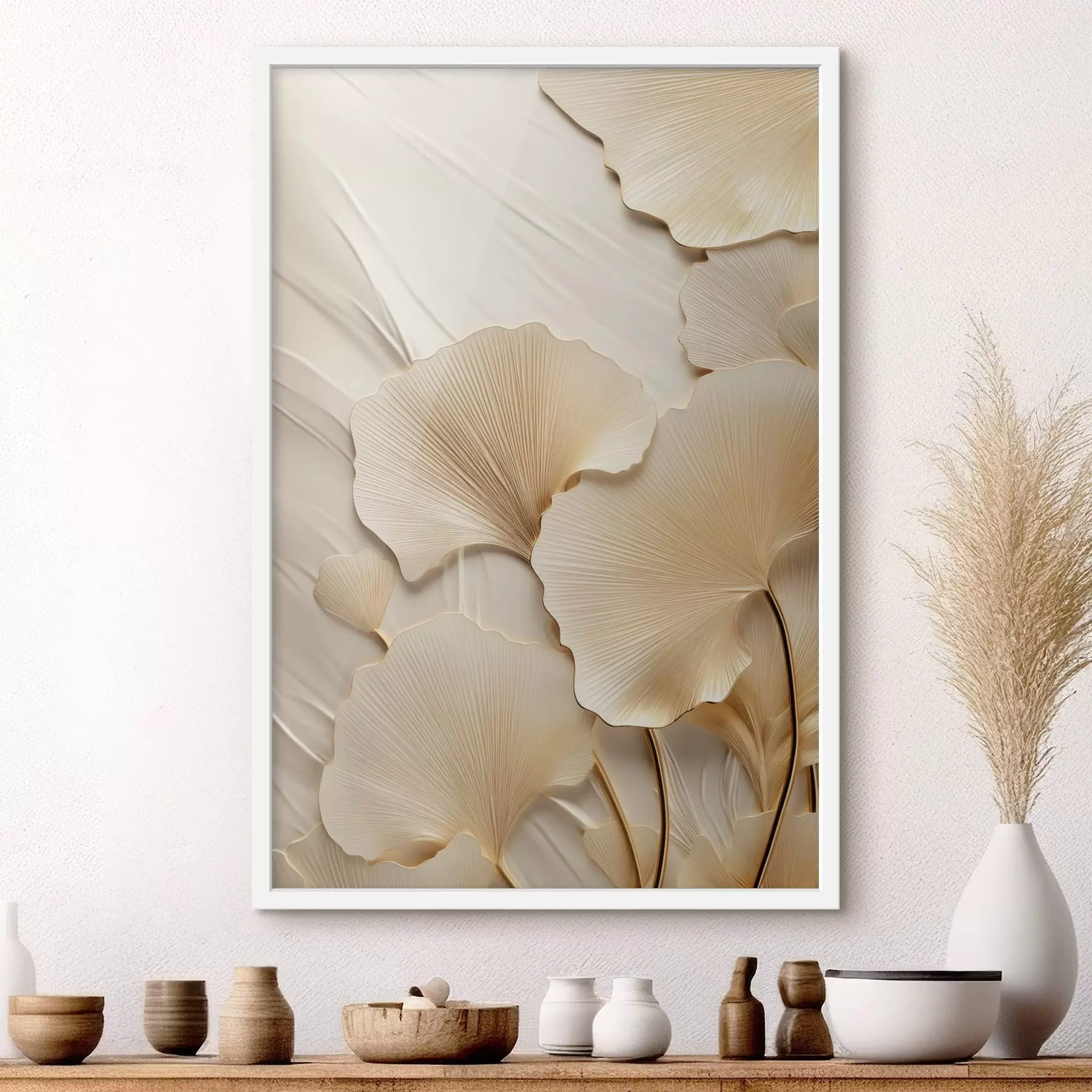 Fotobehang Ginkgo-bladeren tegen een gestructureerde, lichte achtergrond, elegante en abstracte compositie f47867