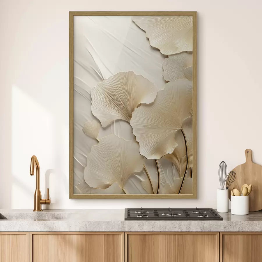 Fotobehang Ginkgo-bladeren tegen een gestructureerde, lichte achtergrond, elegante en abstracte compositie f47867