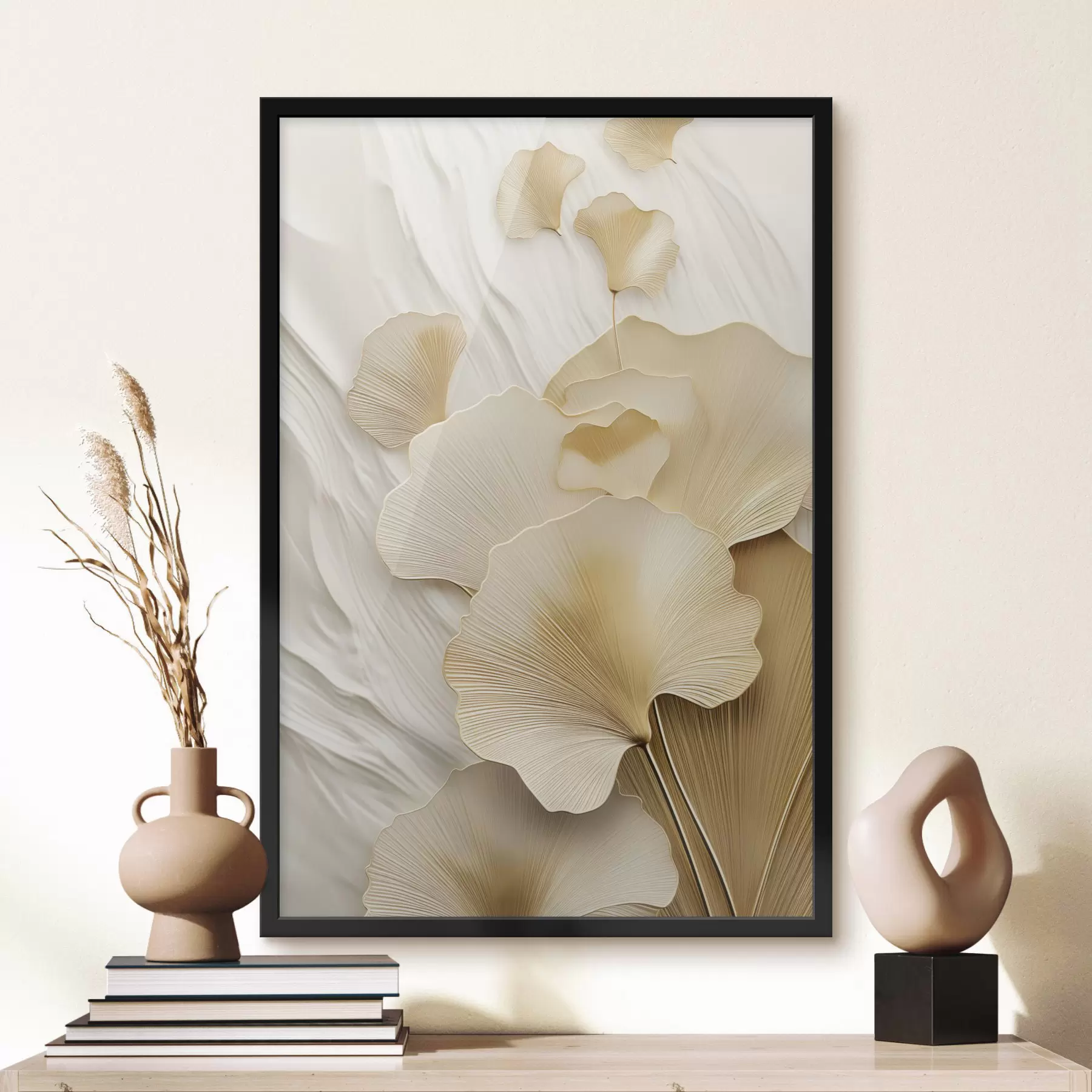 Fotobehang Ginkgo-bladeren tegen een gestructureerde, lichte achtergrond, elegante en abstracte compositie f47868