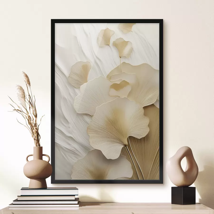 Fotobehang Ginkgo-bladeren tegen een gestructureerde, lichte achtergrond, elegante en abstracte compositie f47868