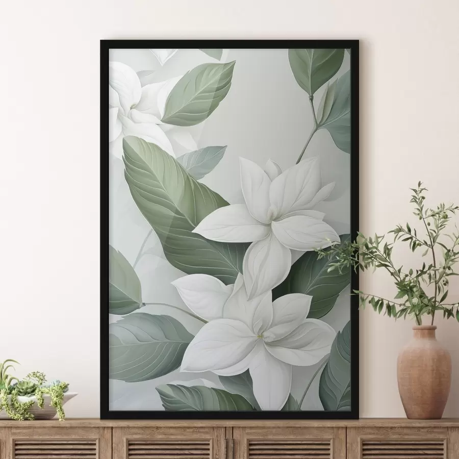 Fotobehang Witte bloemen met groene bladeren, pastelkleurige achtergrond f47869