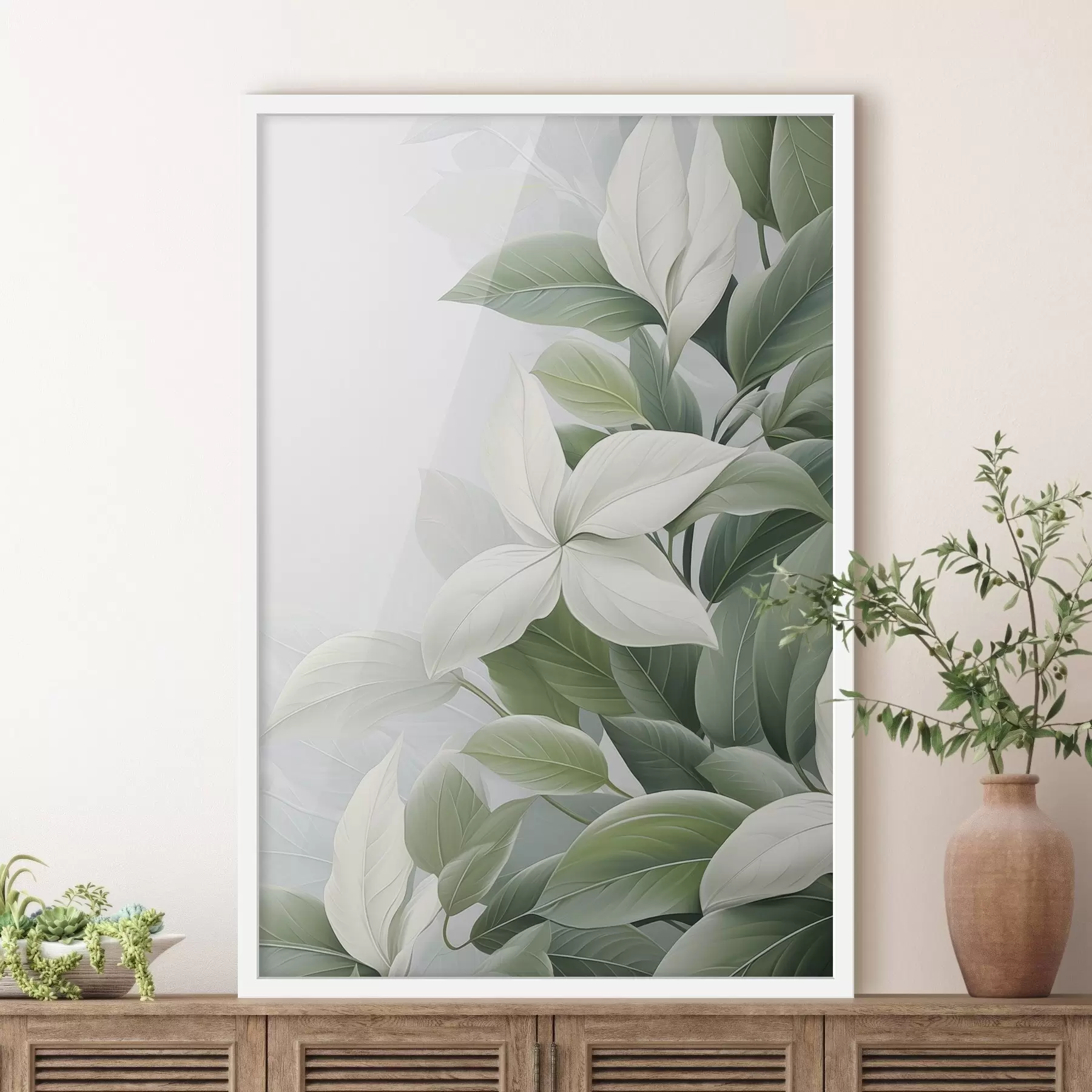 Fotobehang Witte bloemen met groene bladeren, pastelkleurige achtergrond f47870