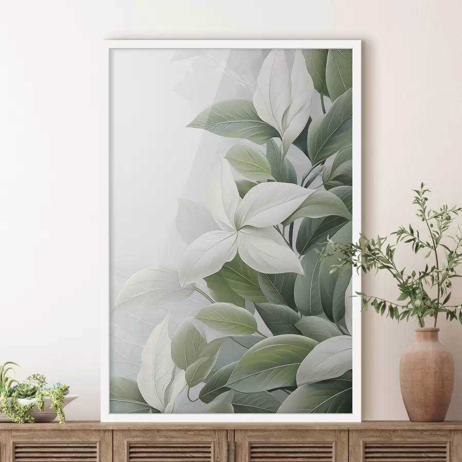 Fotobehang Witte bloemen met groene bladeren, pastelkleurige achtergrond f47870