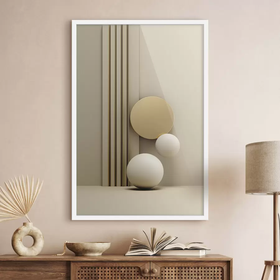Fotobehang Abstracte beige moderne kunst met verticale lijnen en bollen f47871