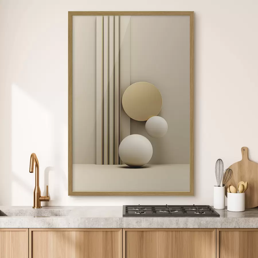 Fotobehang Abstracte beige moderne kunst met verticale lijnen en bollen f47871