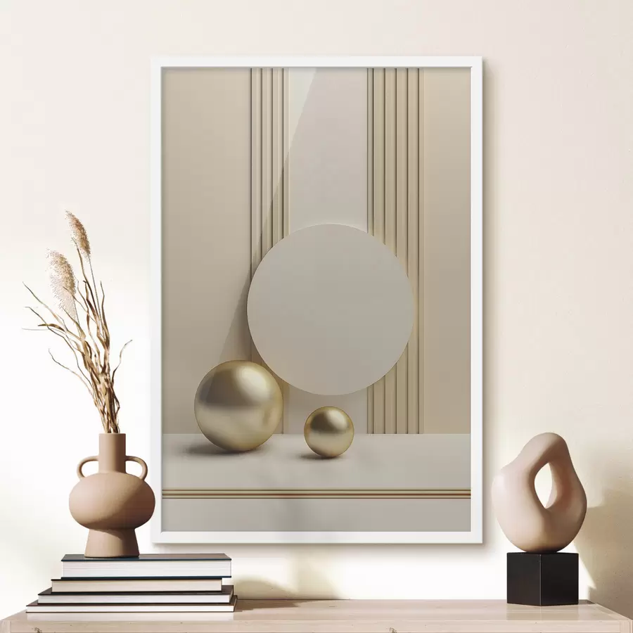 Fotobehang Abstracte beige moderne kunst met verticale lijnen en bollen f47872