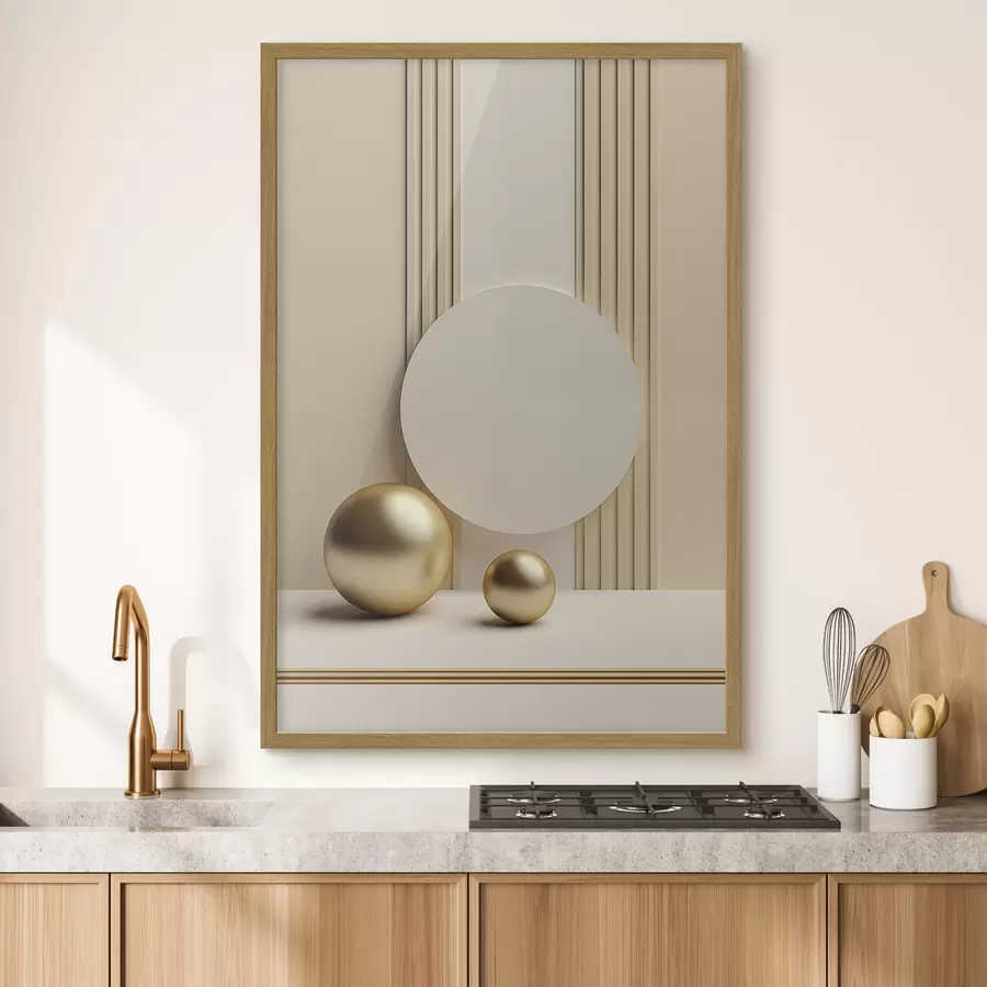 Fotobehang Abstracte beige moderne kunst met verticale lijnen en bollen f47872