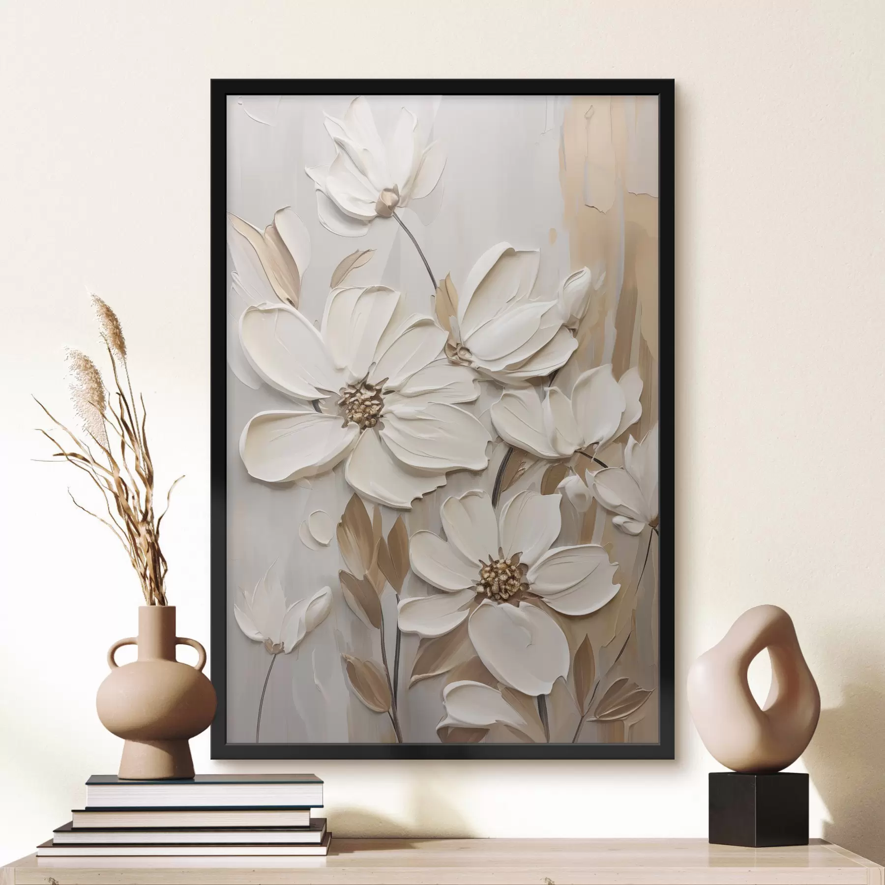 Fotobehang Abstracte witte bloemen met gestructureerde bloemblaadjes, tegen een neutrale achtergrond met subtiele penseelstreken. imitatie f47873