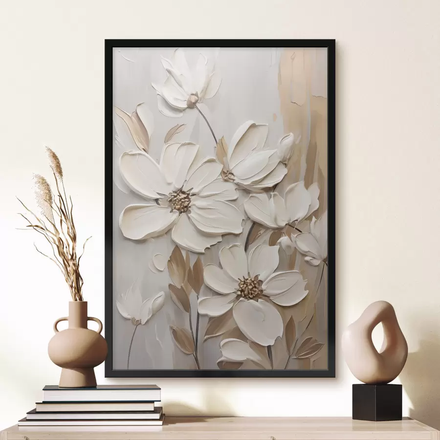 Fotobehang Abstracte witte bloemen met gestructureerde bloemblaadjes, tegen een neutrale achtergrond met subtiele penseelstreken. imitatie f47873