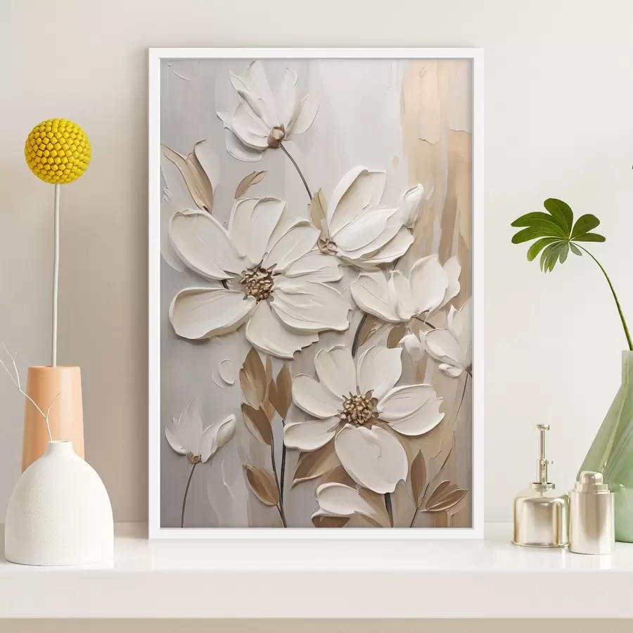 Fotobehang Witte bloemen in reliëf f47873