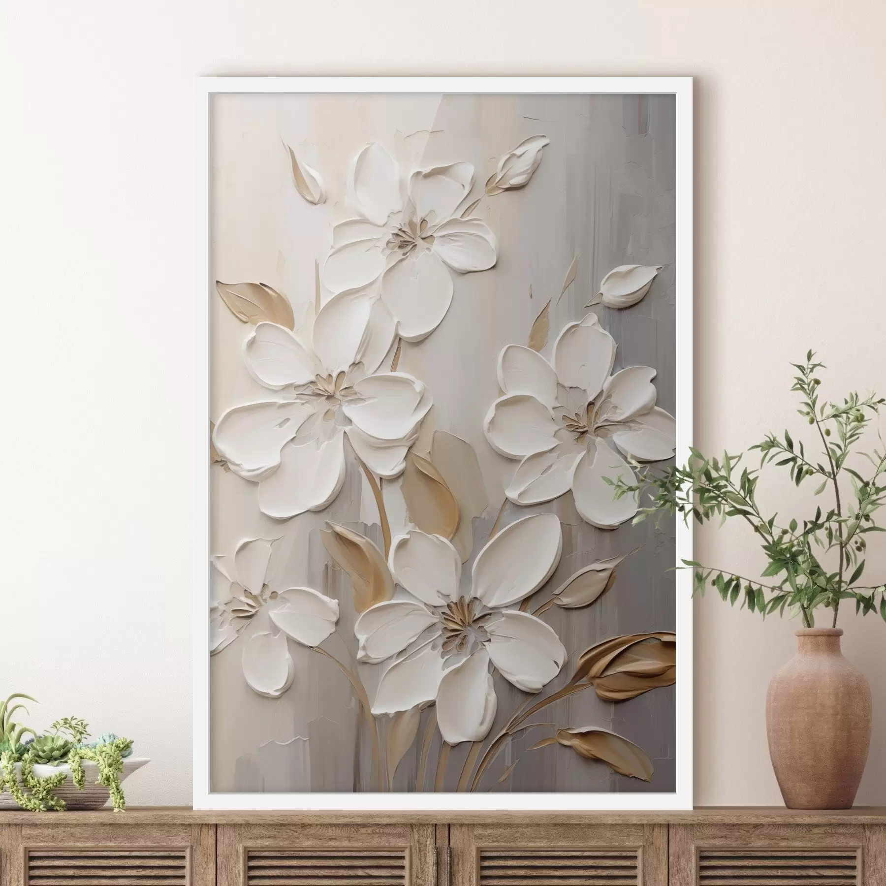 Fotobehang Abstracte witte bloemen met gestructureerde bloemblaadjes, tegen een neutrale achtergrond met subtiele penseelstreken. imitatie f47874