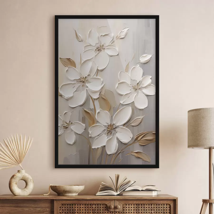 Fotobehang Abstracte witte bloemen met gestructureerde bloemblaadjes, tegen een neutrale achtergrond met subtiele penseelstreken. imitatie f47874