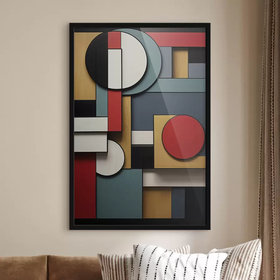 Fotobehang Abstracte geometrische compositie met imitatie van houtstructuur, rode, zwarte, witte en blauwgroene rechthoeken en cirkels f47875