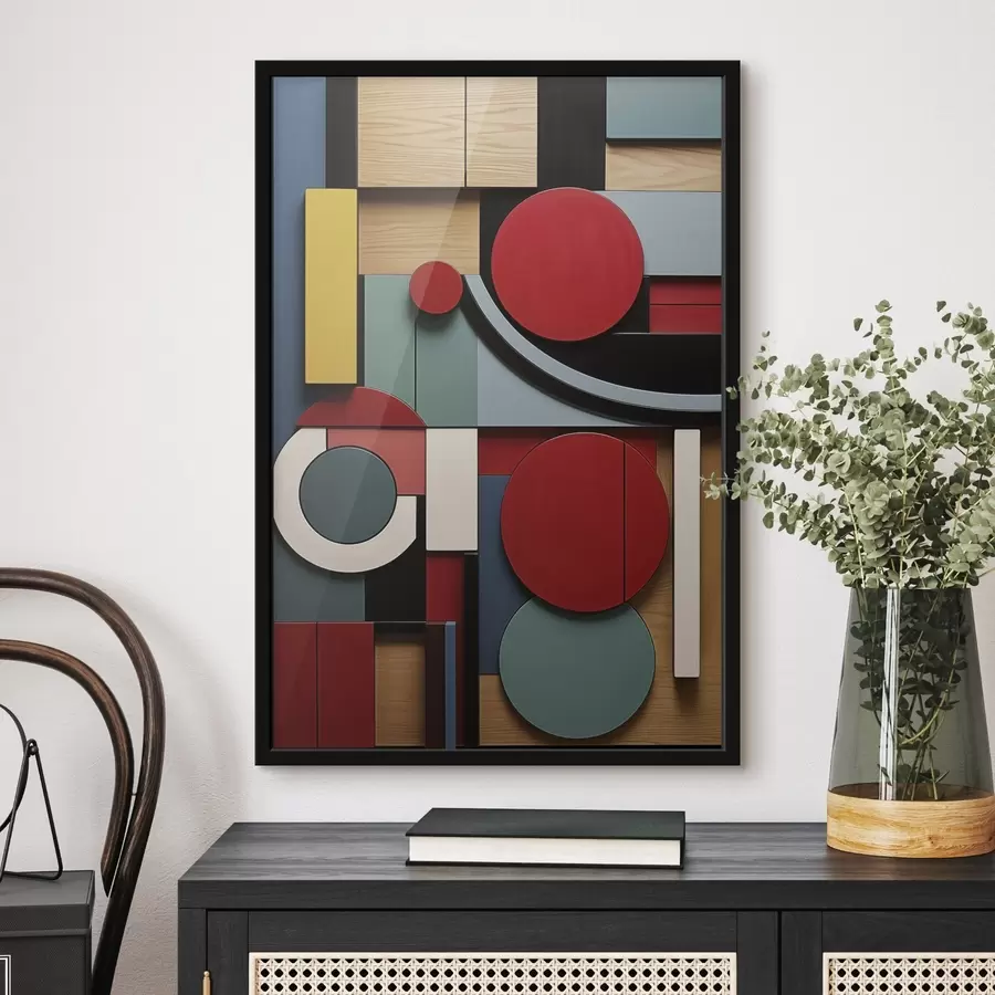 Fotobehang Abstracte geometrische compositie met imitatie van houtstructuur, rode, zwarte, witte en blauwgroene rechthoeken en cirkels f47876