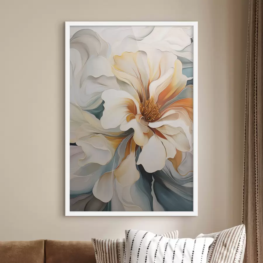 Fotobehang Abstracte grote bloem met witte, oranje en blauwgroene bloemblaadjes, gestructureerde achtergrond f47877