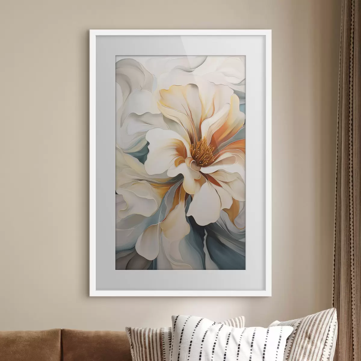 Poster Abstracte grote bloem met witte, oranje en blauwgroene bloemblaadjes, gestructureerde achtergrond f47877