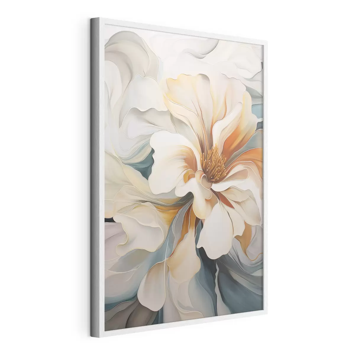 Poster Abstracte grote bloem met witte, oranje en blauwgroene bloemblaadjes, gestructureerde achtergrond f47877
